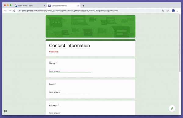Gif animation showing how a new Google Form entry becomes a new Crmble card in Trello