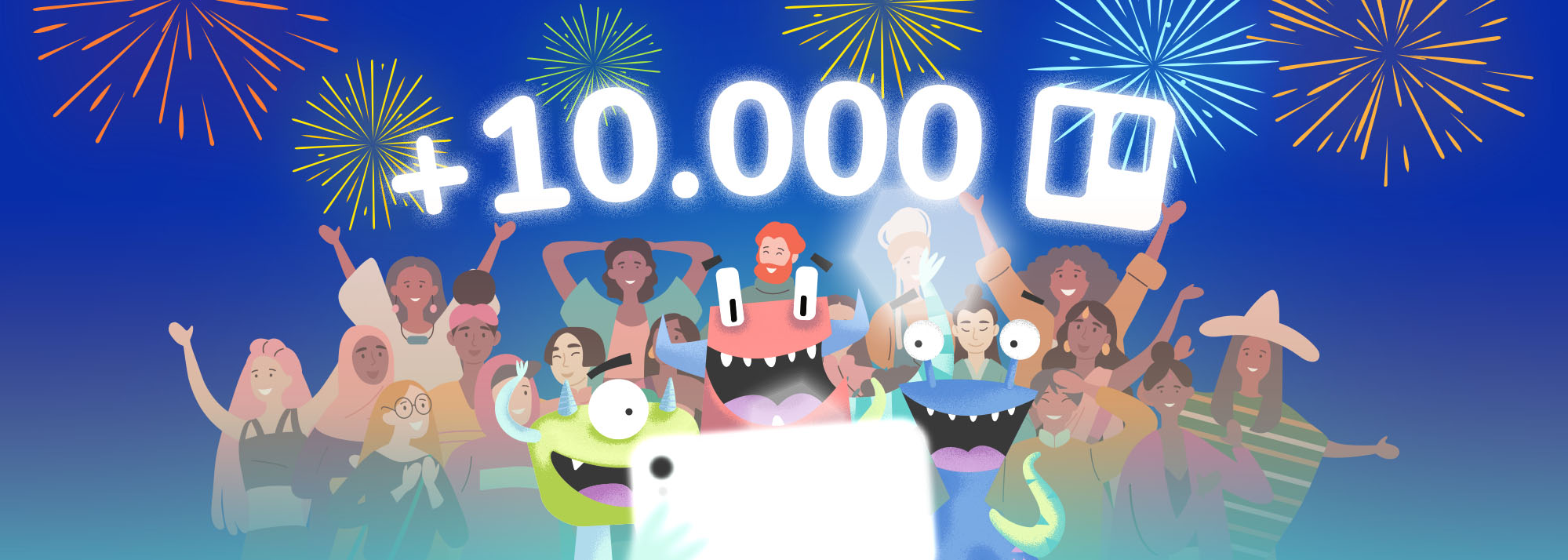 Crmble monsters celebrating +10000 Trello boards milestone reached and taking a selfie in front of a in fornt of a diverse and multicultural crowd