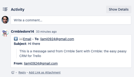 Crmble Gmail Topping email snipped in Trello card activity