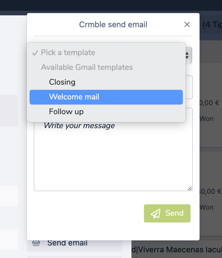 Crmble Gmail Topping - send email popup window