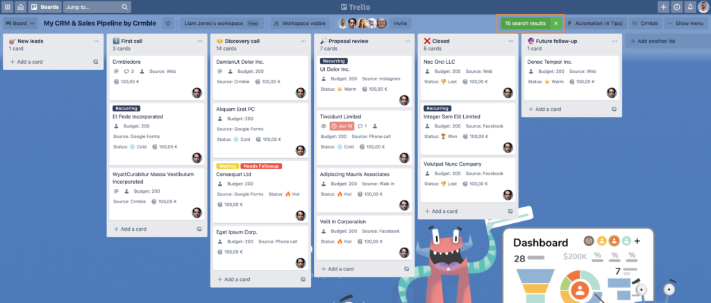 Trello filtered by member board