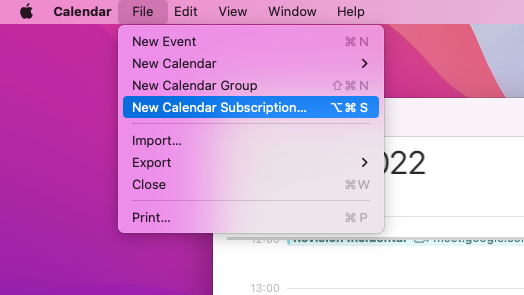 macOS calendar file menu "New Calendar Subscription" option higlited