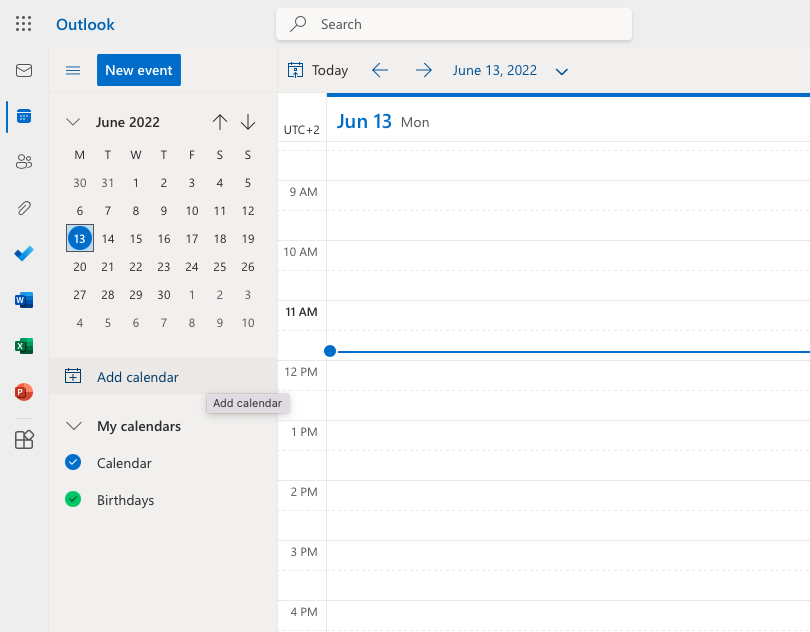 Microsoft Outlook calendar screenshot showing the "+Add calendar" option to subscribe to iCal URL