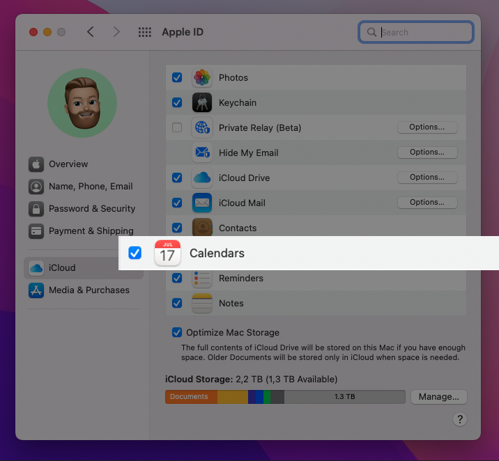 macOS iCloud account settings checking calendar option