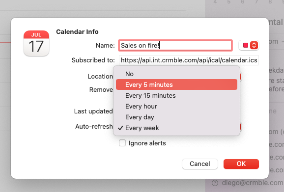 macOS calendar info window to select auto-refresh time