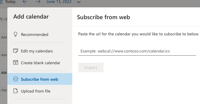 Microsoft online calendar subscribe form we option to subscribe to iCal URL