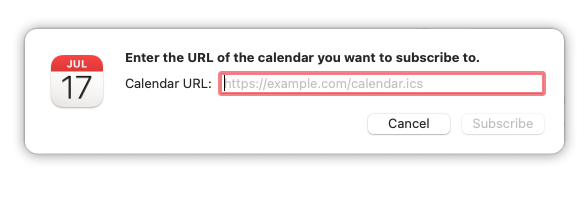 macOS window to enter the URL of the calendar you want to subscribe to